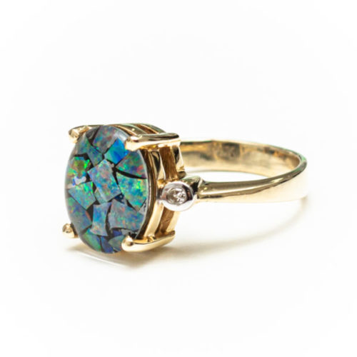 OPAL 14K YELLOW GOLD RING WITH WHITE DIAMOND